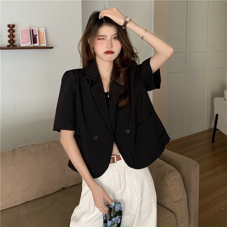 Áo blazer nữ tay ngắn kiểu dáng croptop thanh lịch cho nữ, áo khoác Blazer nữ cộc tay dáng ngắn croptop kiểu vest M2274