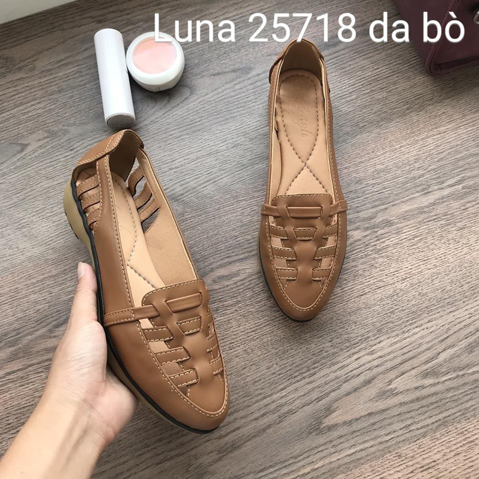 Giày slip on nữ, giày da bò thật nữ bảo hành 2 năm 1 đổi 1 LUNASHOES 703 giày trung niên đi êm chân dễ phối đồ