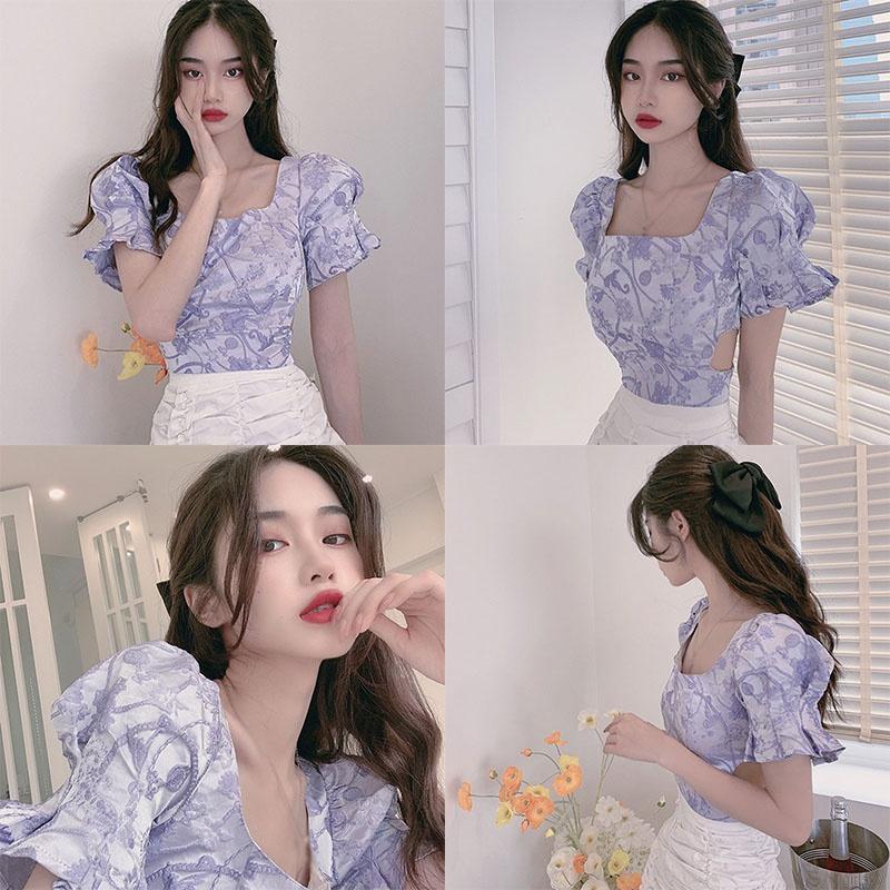 Áo Kiểu Cổ Vuông Tay Phồng Hở Lưng Phong Cách Retro Hàn Quốc Nữ Tính