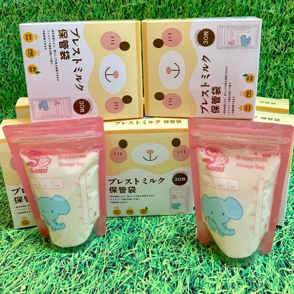 Hộp 30 túi trữ sữa mẹ Sami công nghệ Nhật bản 100ml màu xanh kute