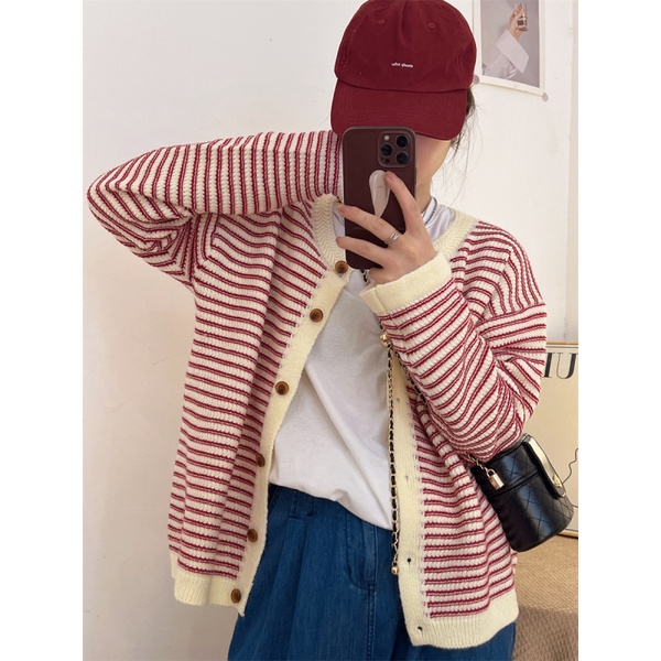 Áo len cardigan NZN tay dài cổ tròn họa tiết kẻ sọc phong cách Hàn Quốc thời trang mùa thu cho nữ