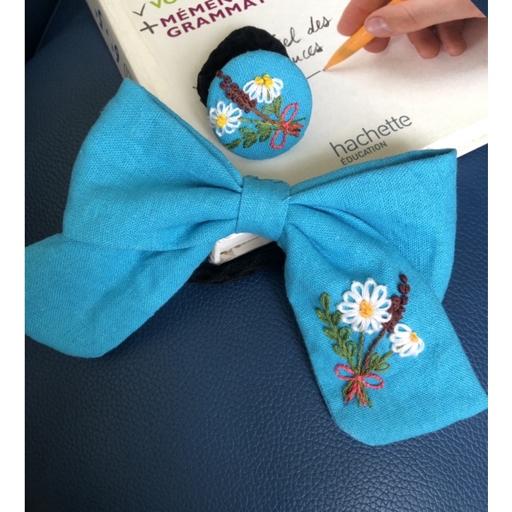 Combo dây cột tóc tròn +dây nơ thêu