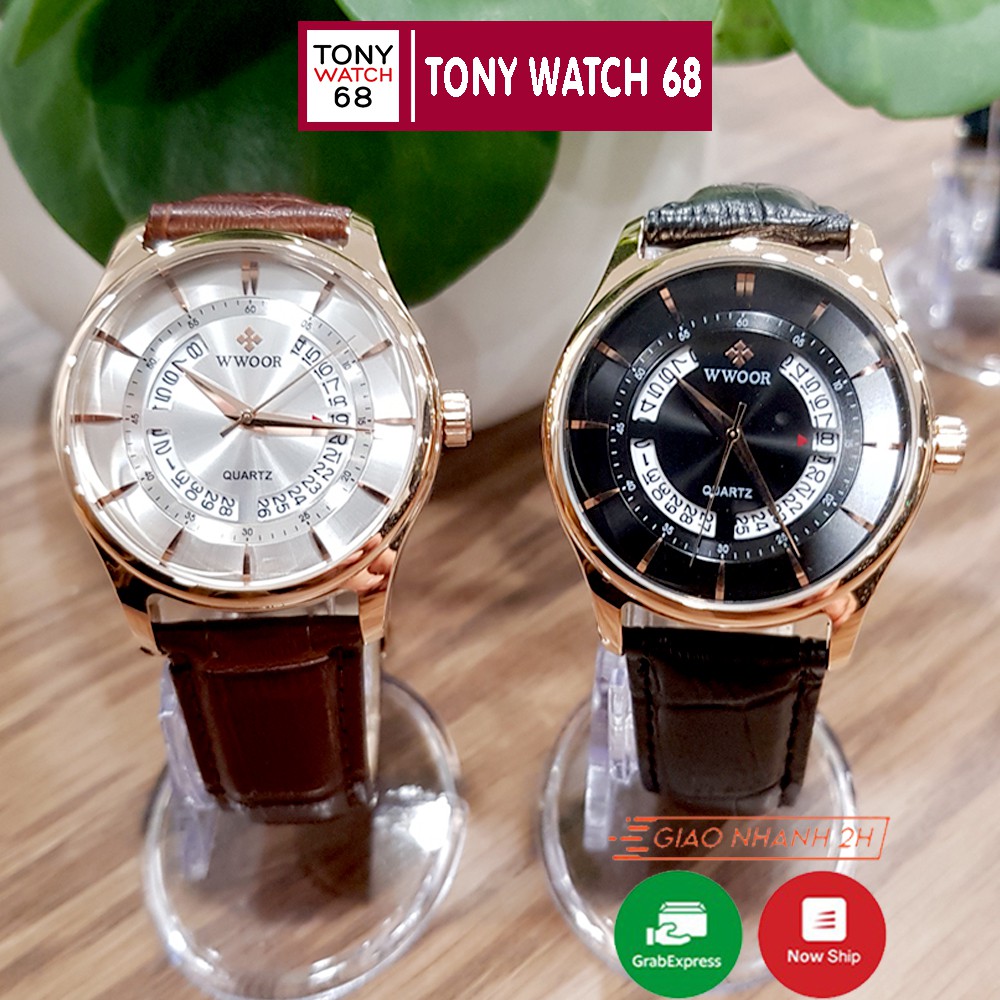 Đồng hồ nam Wwoor dây da thời trang có lịch chính hãng Tony watch 68