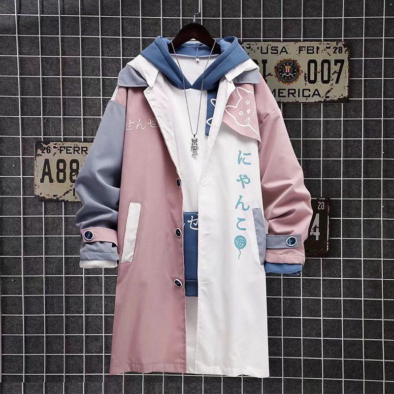 Áo Khoác Hoodie Dáng Rộng Dài Qua Gối In Hoạt Hình Mèo Kiểu Nhật Bản Thời Trang Xuân Thu Cho Nam