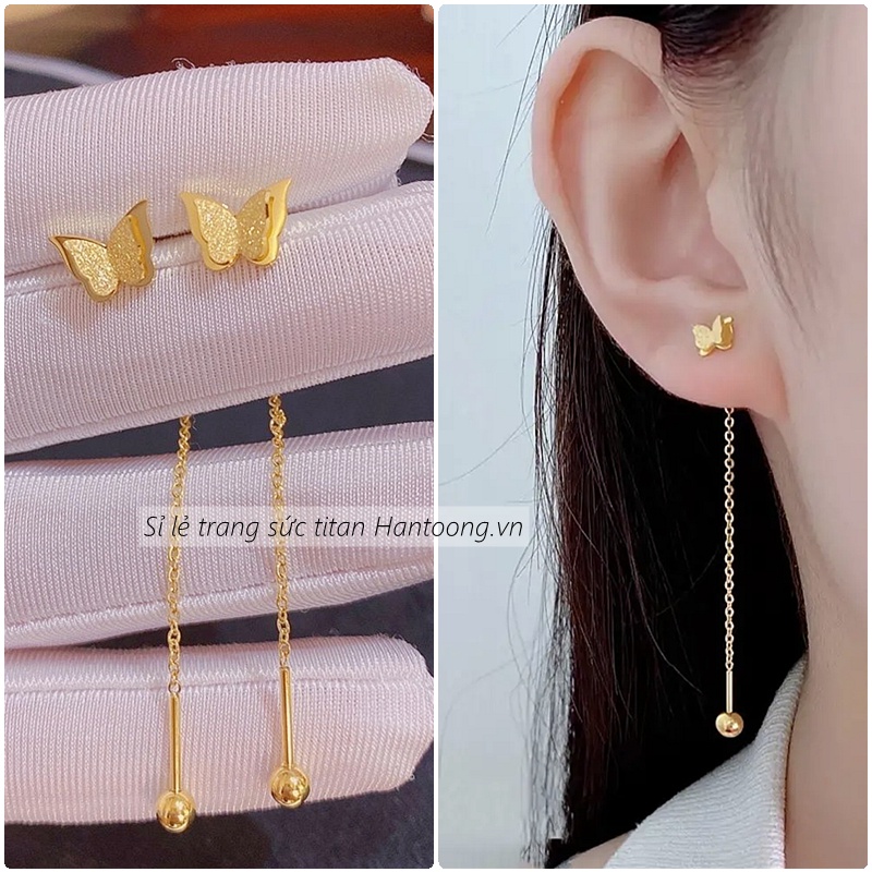 Bông tai dáng dài bằng chất liệu titan không gỉ thiết kế hình bướm phun cát ánh kim lấp lánh thời trang