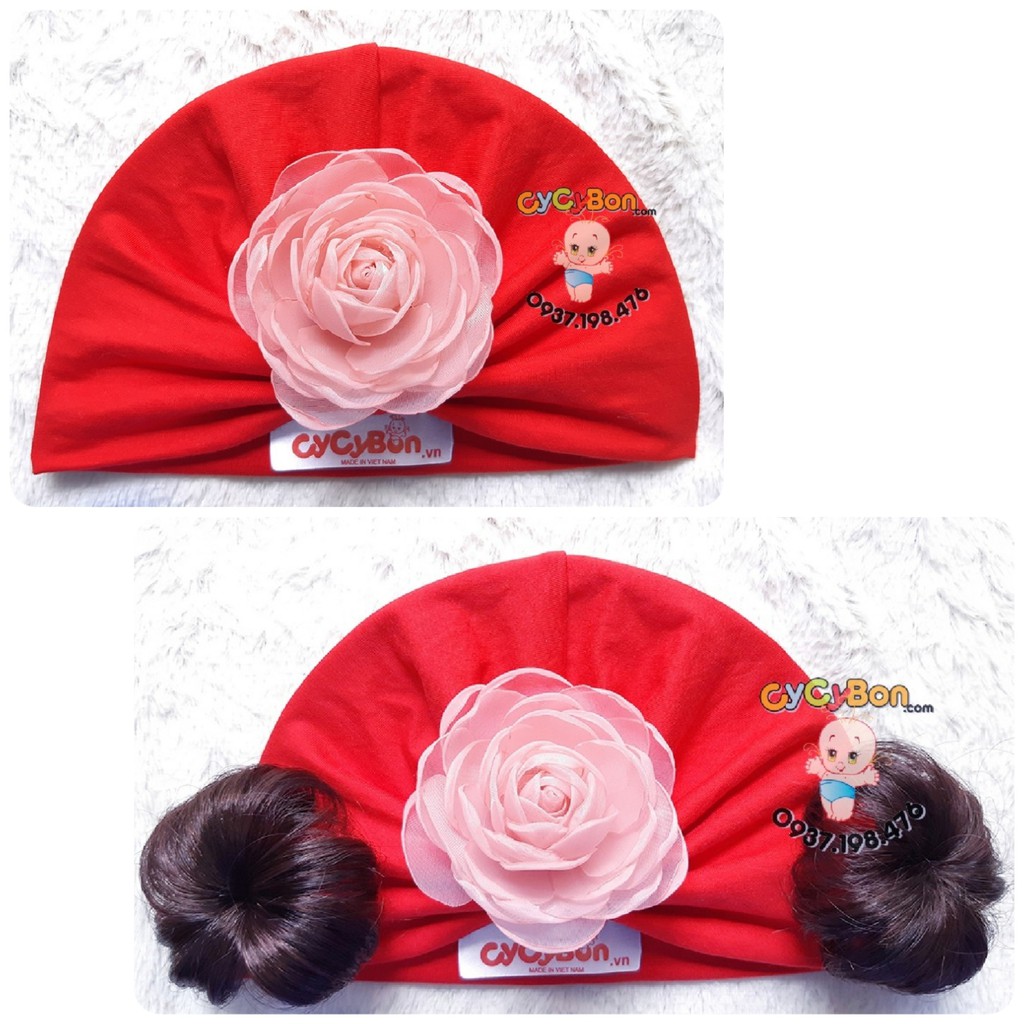 Mũ Nón Turban Tóc Giả Cho Bé Gái Màu Đỏ Đính Bông Hồng - Chất Vải Cotton Bao Co Giãn Thấm Hút- có size bé sơ sinh 1 th