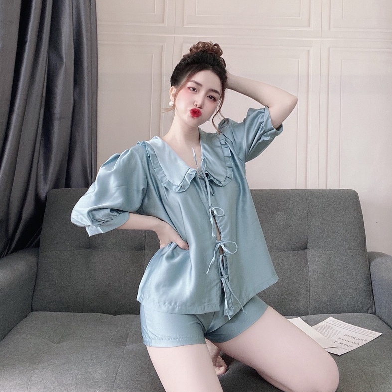 Đồ Ngủ Mặc Nhà Tay Ngắn Lụa Satin Cao Cấp Mềm Mịn Thoáng Mát Cột Dây Nơ Xinh Xắn Freesize - CN036 CINY | BigBuy360 - bigbuy360.vn