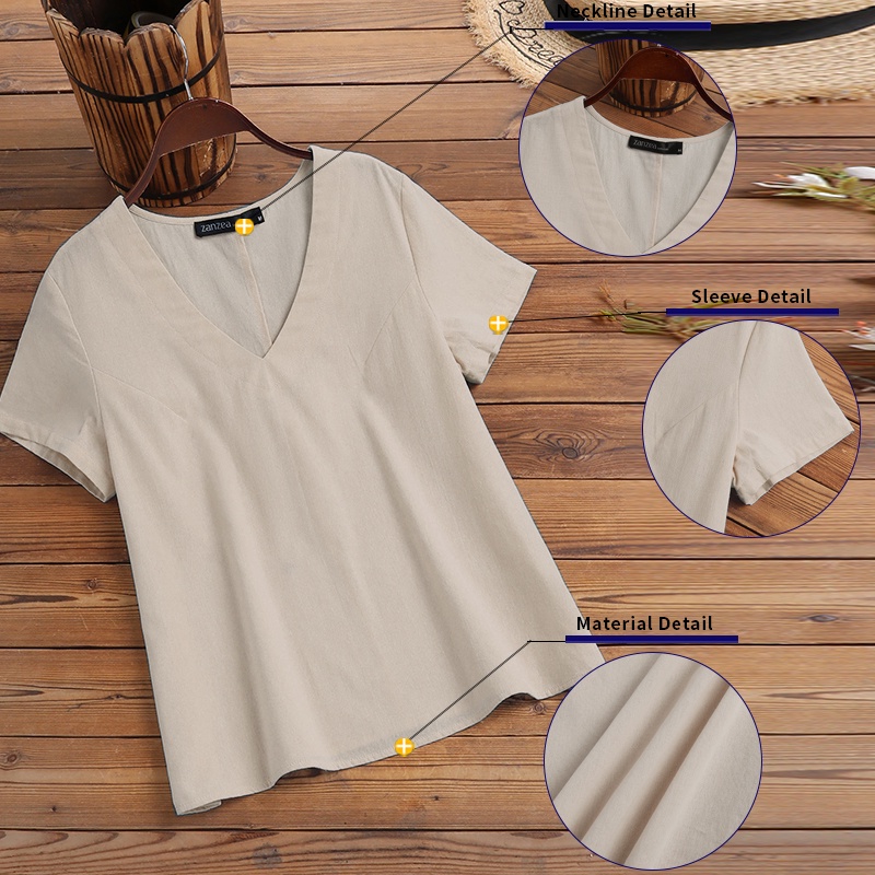 Áo kiểu ZANZEA tay ngắn cổ chữ V dáng rộng màu trơn dành cho nữ
