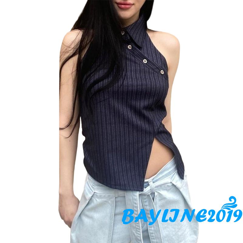 Áo Không Tay Hở Lưng Họa Tiết Kẻ Sọc Thời Trang Mùa Hè Cho Nữ