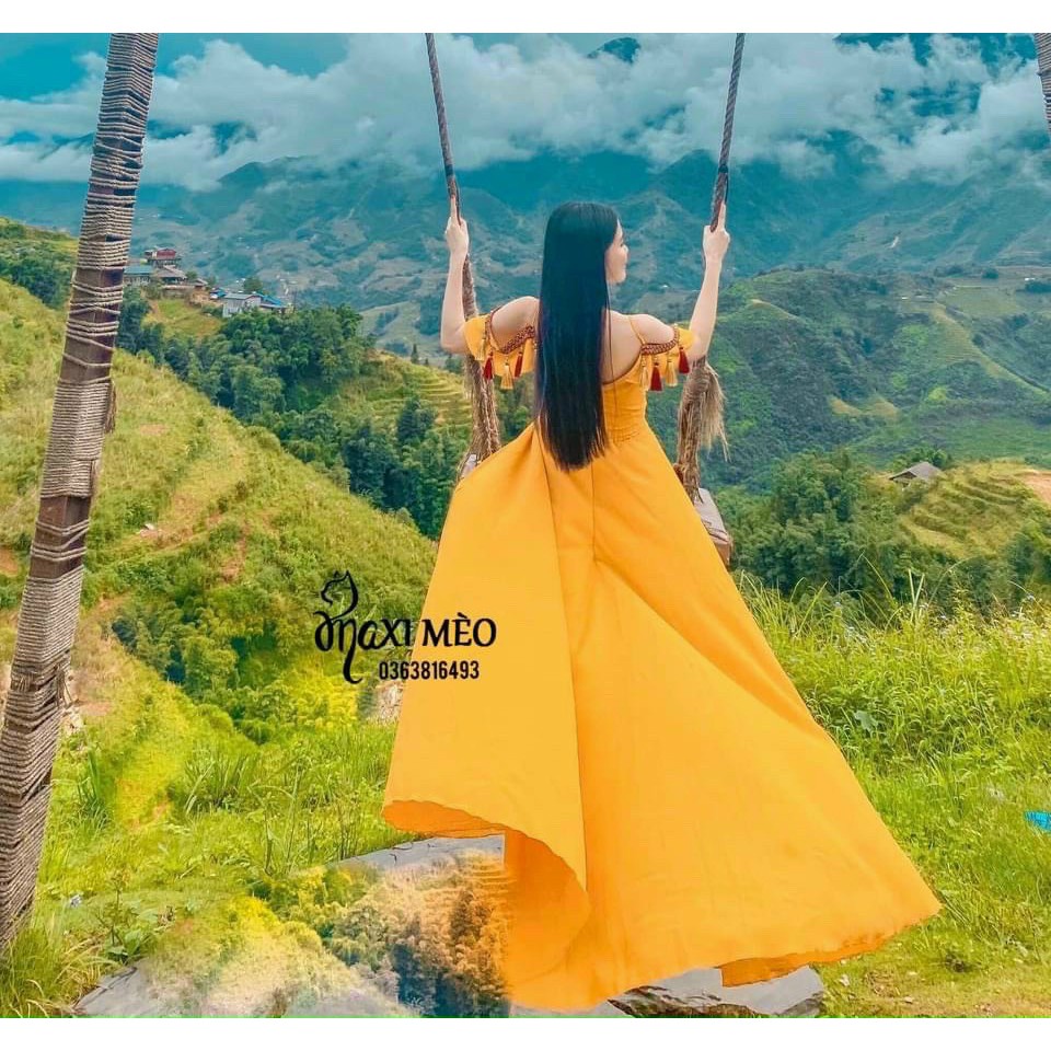 Đầm maxi đi biển thổ cẩm có 3 màu kèm mút có ảnh thật