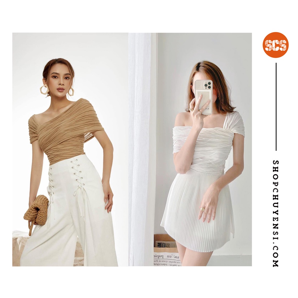 Áo thun lệch vai gợn sóng tôn nét đẹp sang chảnh (3 màu: Đen, Trắng, Nude)