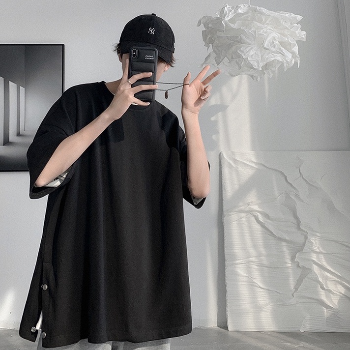 Áo Thun Tay Lỡ Unisex Xẻ Tà Cotton Thoáng Mát,Áo Phông Dáng Rộng Phối Cúc Nam Nữ Phong Cách Hàn Quốc