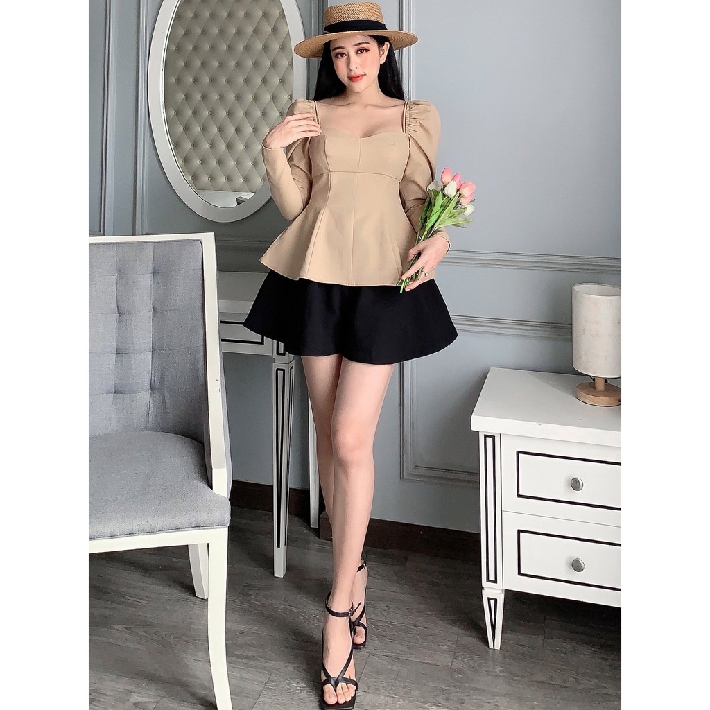 RECHIC Áo Ravi Màu Be cổ vuông kiểu dây tay phồng xinh xắn sang trọng dễ thương