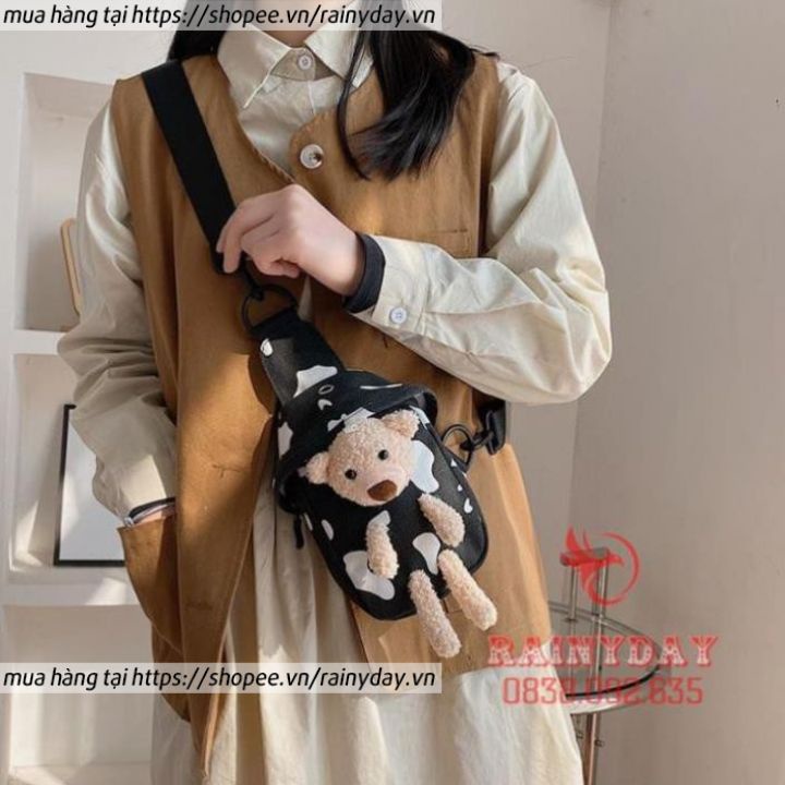 Túi đeo chéo nữ vải cavas hình con gấu bông nhỏ mini cute dễ thương thời trang đi chơi