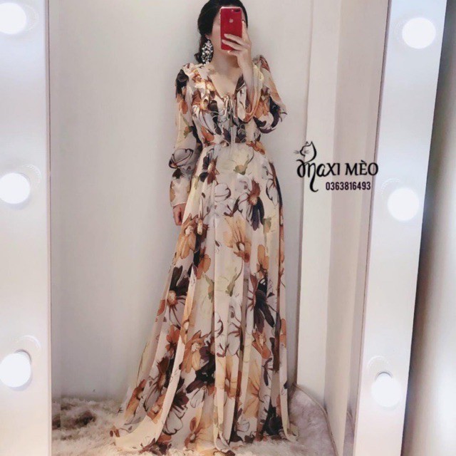 Đầm hoa nâu maxi