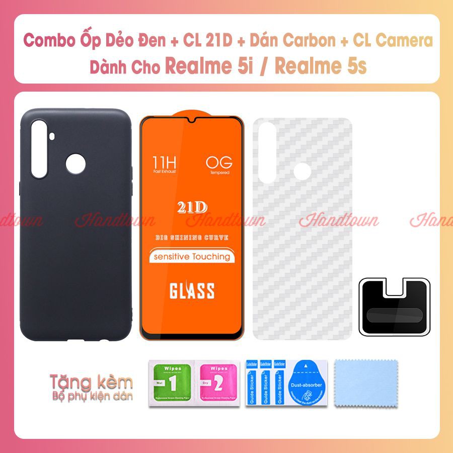 Combo Ốp Dẻo Đen, Kính Cường Lực Camera, Cường Lực 21D, Dán Cacbon Dành Cho Realme 5i / 5s
