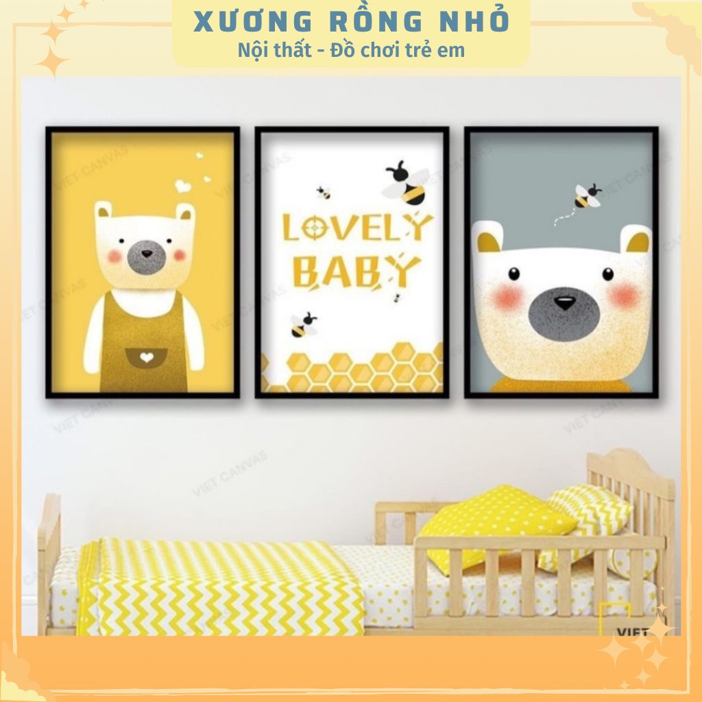 Tranh canvas treo tường chủ đề đáng yêu decor phòng ngủ cho bé - Tranh canvas trang trí phòng bé bộ 3 bức tặng kèm đinh