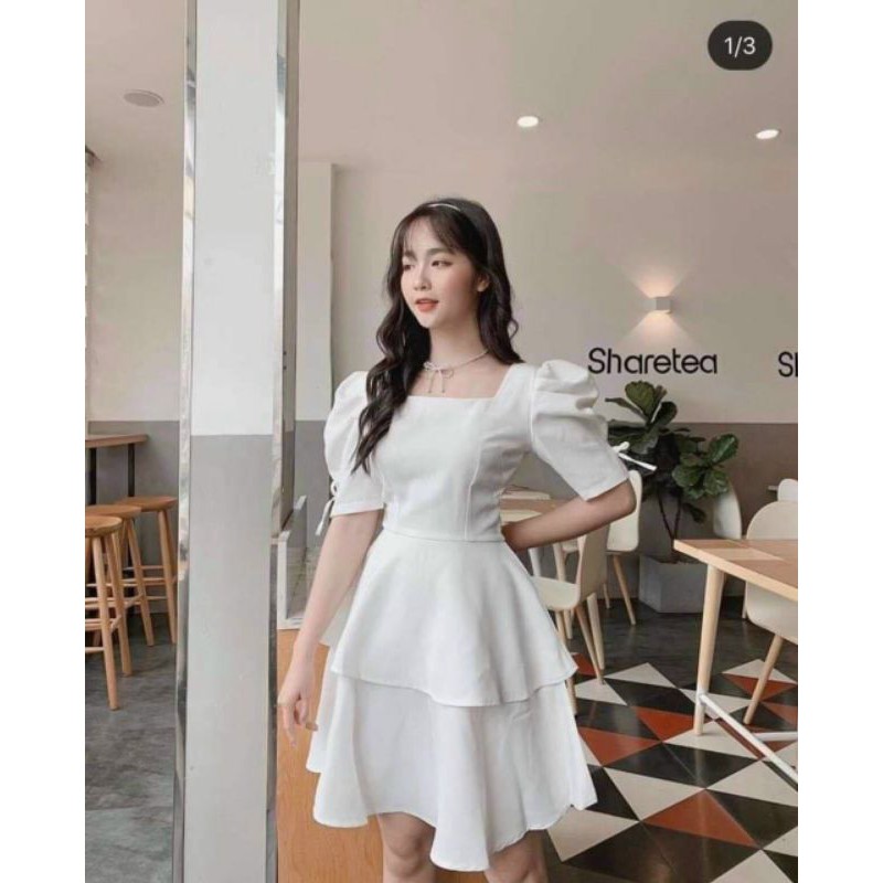 Đầm xòe hai tầng tay phồng kết nơ thanh lịch trẻ trung