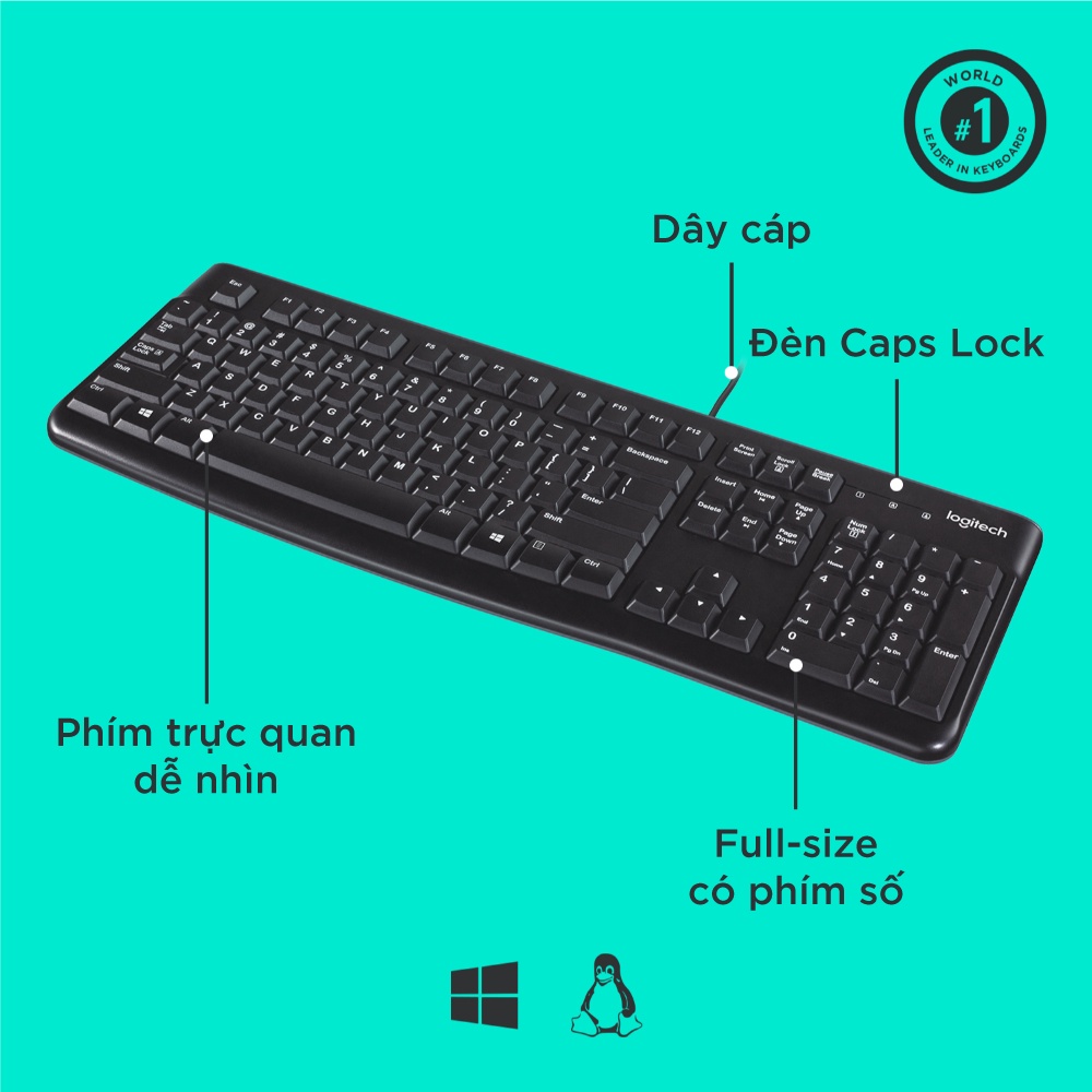 Bàn phím có dây Logitech K120 - Bền bỉ, chống tràn, kích thước đầy đủ có phím số