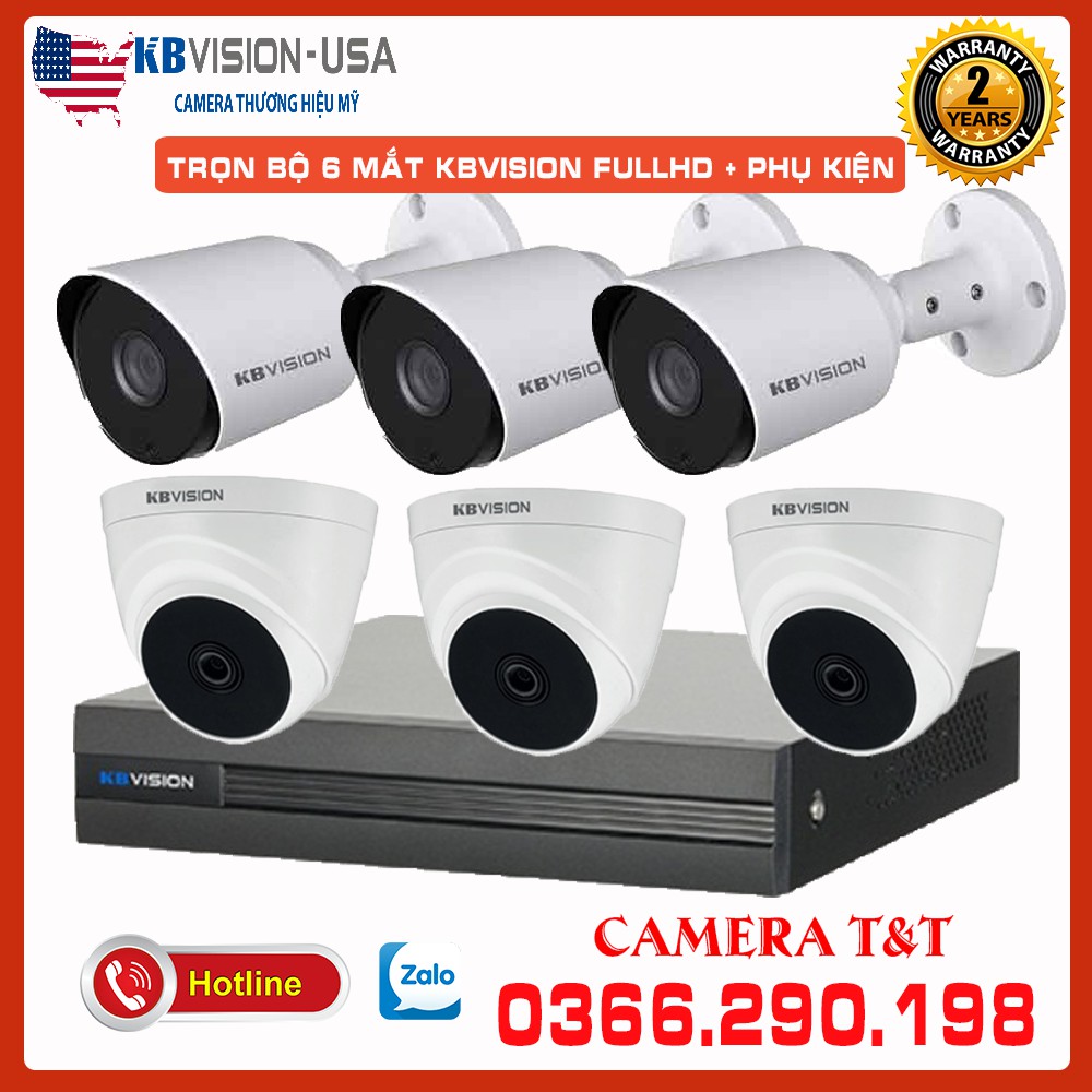 [TẶNG KÈM Ổ CỨNG] TRỌN BỘ 06 MẮT CAMERA KBVISION 2.0 MP FULL HD 1080P KÈM DÂY ĐÚC SẴN CHO CAMERA- BẢO HÀNH 2 NĂM