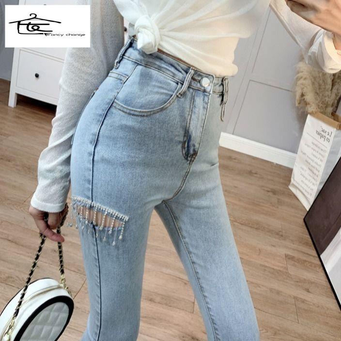 Hàng Có Sẵn Bán Chạy~Quần Jean Dài Đến Mắt Cá Chân Eo Cao Ôm Chân Rách Gối Màu Sáng Phong Cách Mùa Xuân Thời Thượng 2022 Cho Nữ