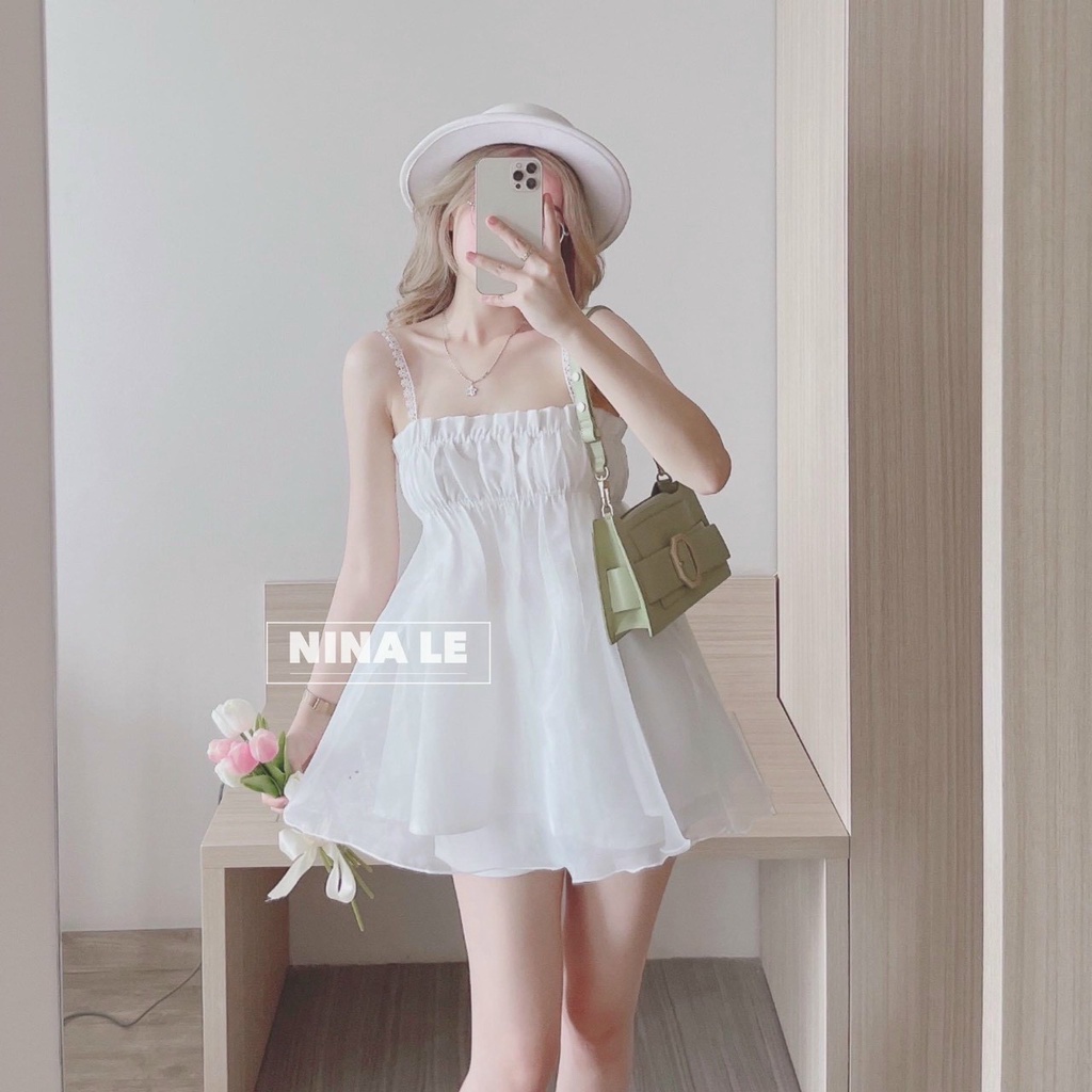 Set đồ nữ áo 2 dây chun ngực vải tơ voan kèm quần đùi sang chảnh