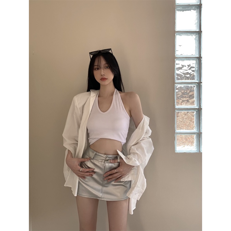 Cocory vn Set Áo Dây Nữ Cộc Tay + Chân Váy Lưng Cao Thời Trang Hàn Cho Nữ