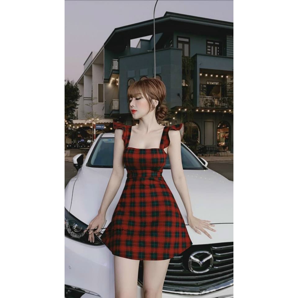 váy nữ kẻ caro tay cánh tiên phong cách tiểu thư babydoll hình thật cuối