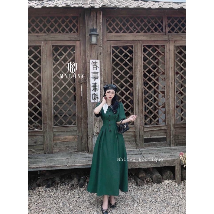Đầm Maxi Dáng Dài Xanh Cổ Bẻ Phối Màu Trắng Nút Giữa Kiểu Công Chúa Đầm Kiểu Hot Hít Dễ Thương