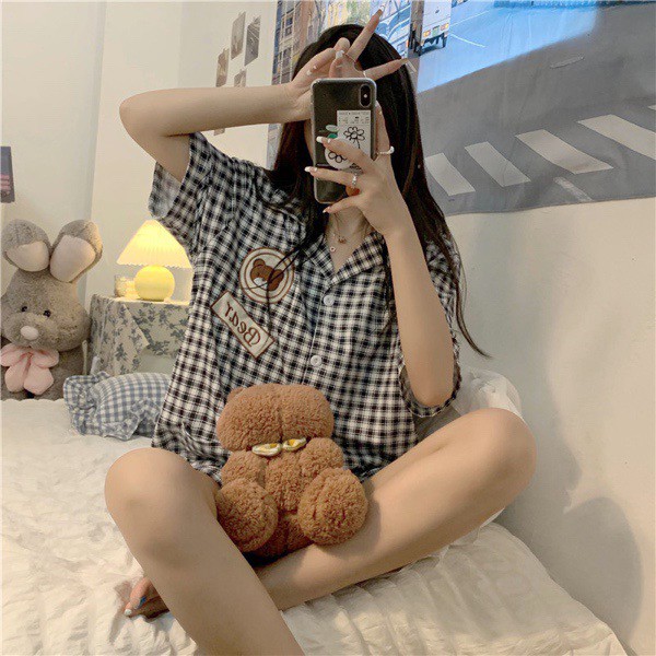 Bộ ngủ Pijama kẻ ô gấu bear 2 túi vải cotton | BigBuy360 - bigbuy360.vn