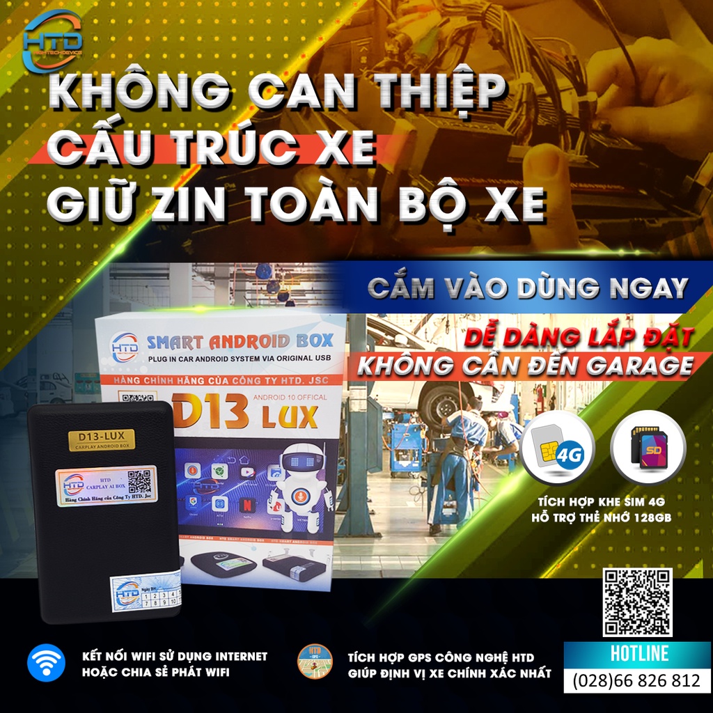 ANDROID BOX CHO Ô TÔ HTD D13 LUX + Tặng kèm vietmap S1 + Sim 4G