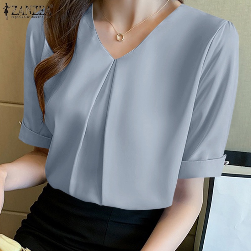 Áo kiểu ZANZEA ngắn tay cổ chữ V màu trơn phong cách Hàn Quốc thời trang cho nữ