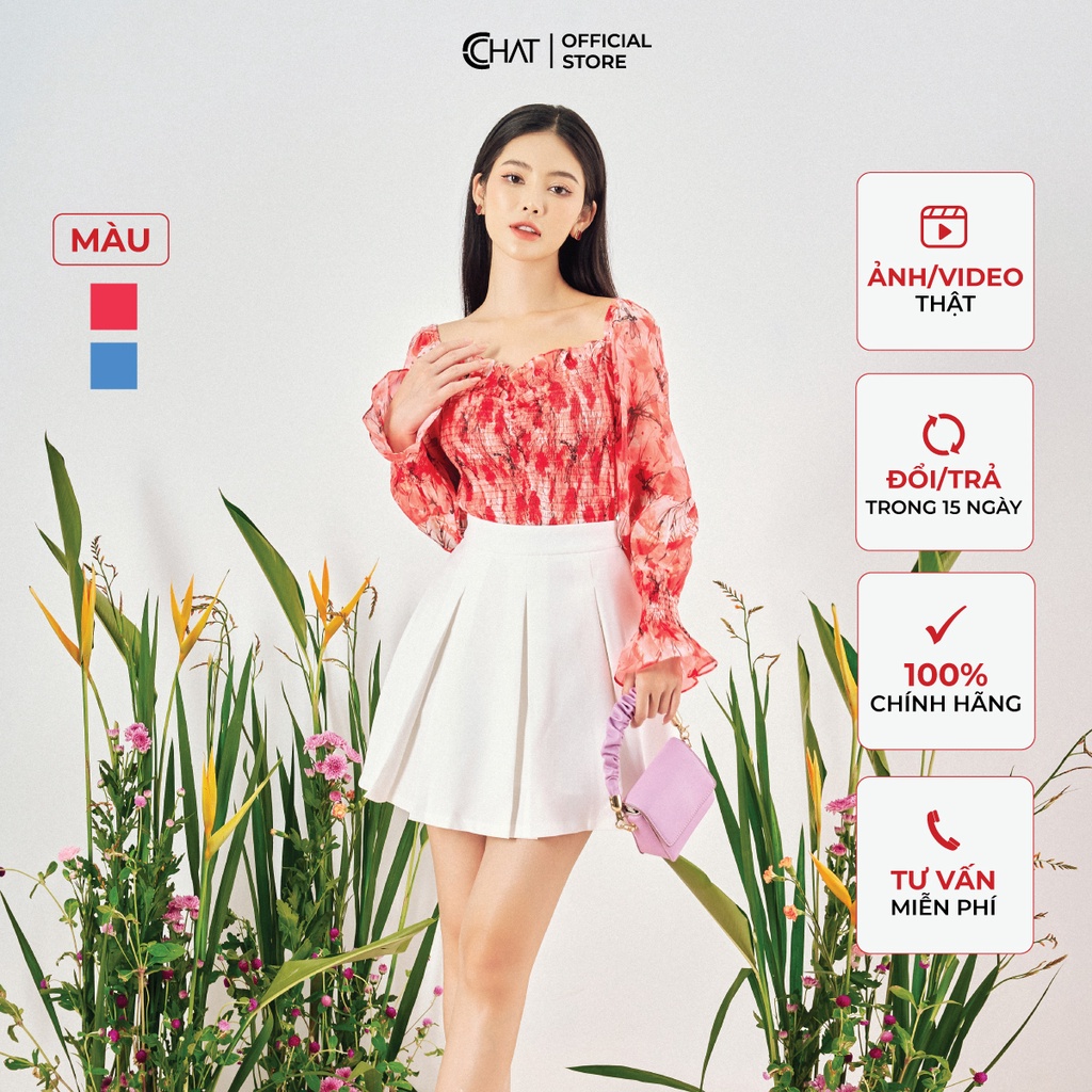 Áo Kiểu Nữ 𝐂𝐂𝐇𝐀𝐓 Họa Tiết Trễ Vai Rút Dây Trước Phong Cách Trẻ Trung Thanh Lịch 12ADV5007OT
