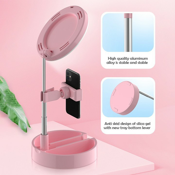 MVP1613 Gương trang điểm gấp gọn có đèn Led Livestream tích hợp giá đỡ và kẹp điện thoại