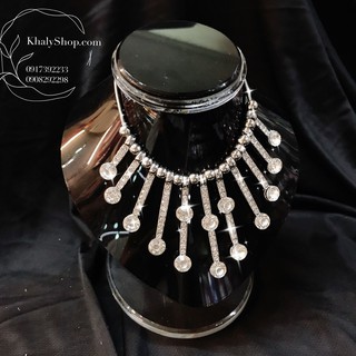 Dây chuyền, vòng đeo cổ nữ dạ hội, dự tiệc form ngắn màu bạc đính nhiều hột lấp lánh siêu xinh - DCBNHOT016