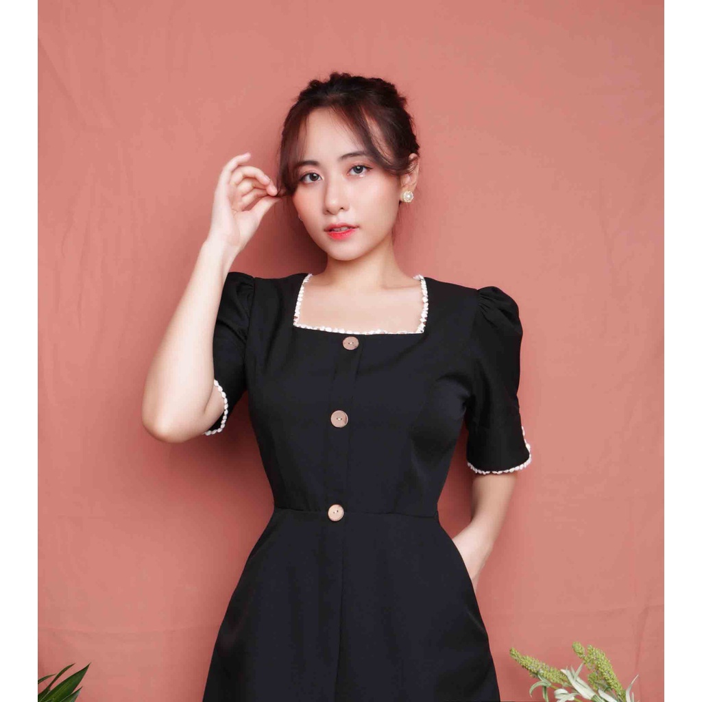 Đầm công sở đen cổ vuông thiết kế chữ a sang trọng trẻ trung tay ngắn thời trang eo che bụng hợp đi làm đi chơi – Lux W | BigBuy360 - bigbuy360.vn