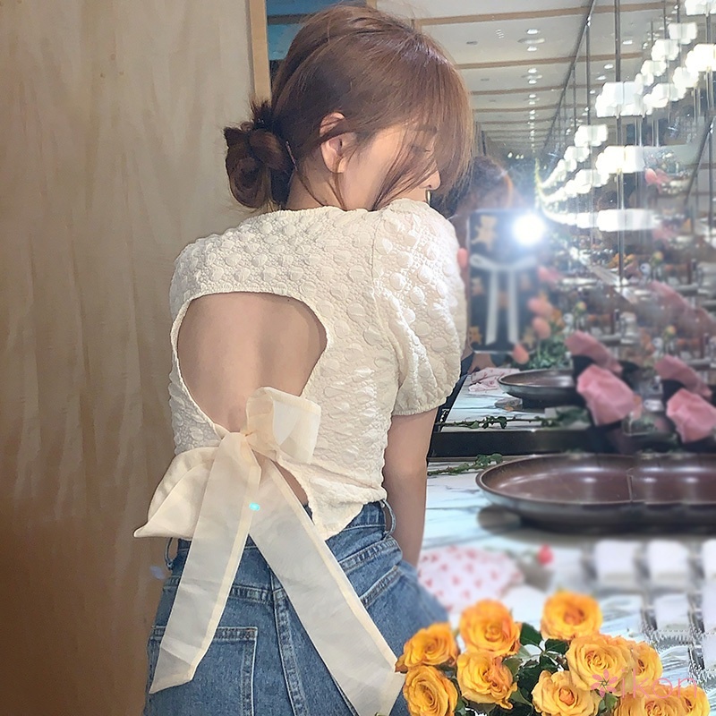 Áo Thun Crop Top Cổ Vuông Tay Phồng Lưng Phối Nơ Ngọt Ngào Gợi Cảm Cho Nữ