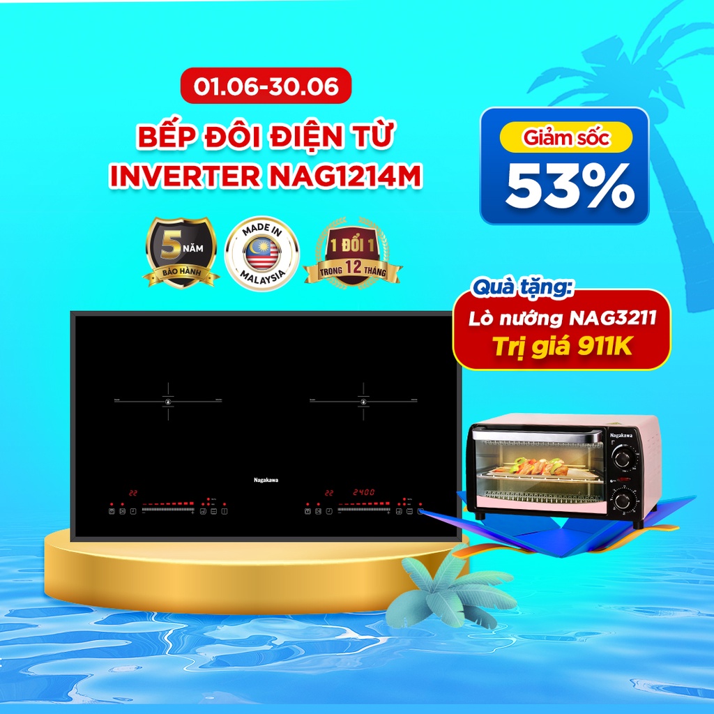 Bếp đôi điện từ Inverter Nagakawa NAG1215M - Mặt kính Schott Ceran cao cấp - Bảo hành 5 năm