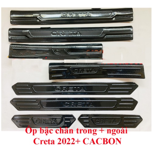 Ốp bậc cửa, nẹp bước chân trong, ngoài CARBON xe Hyundai Creta 2022- 2023, vân CACBON cao cấp tặng kèm keo dán 3M