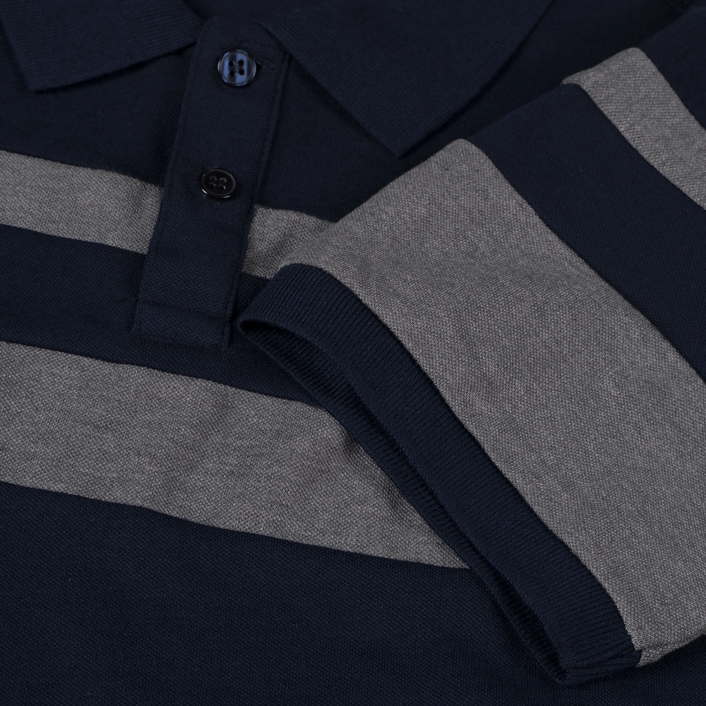 Áo thun polo nam phối màu xanh đen sọc xám tinh tế, cotton cá sấu, BASIS APL95 | BigBuy360 - bigbuy360.vn