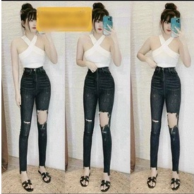 quần jean co dãn ôm body tôn dáng lưng cao rách gối