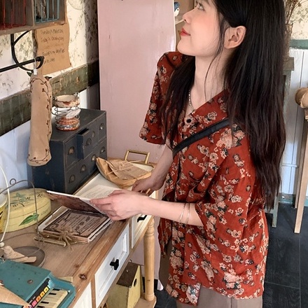 Áo sơ mi nữ ZHELIHANGFEI tay ngắn form rộng họa tiết hoa theo phong cách retro dễ phối