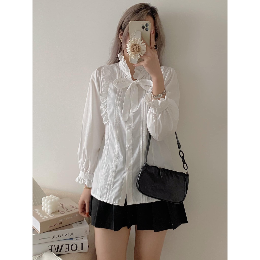 [Ảnh thật] Áo sơ mi viền bèo xếp li ngực thắt nơ ulzzang - Áo baydoll cổ tròn viền bèo