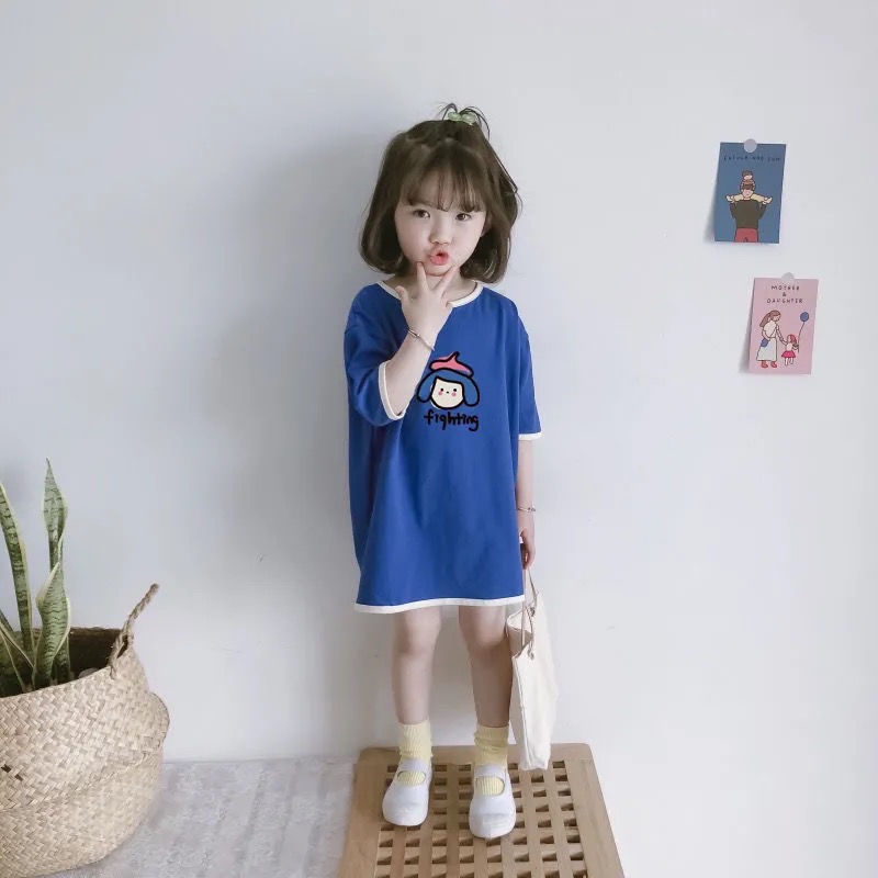 Đầm thun cotton tay ngắn dáng rộng thời trang cho bé gái 1-5 tuổi