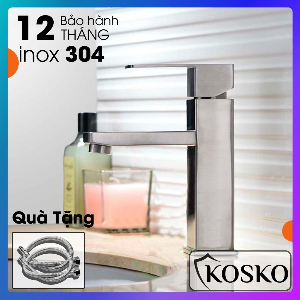 Vòi rửa mặt nóng lạnh inox 304 Vuông (Tặng kèm dây cấp bảo hành 12 tháng), Vòi lavabo nóng lạnh inox 304