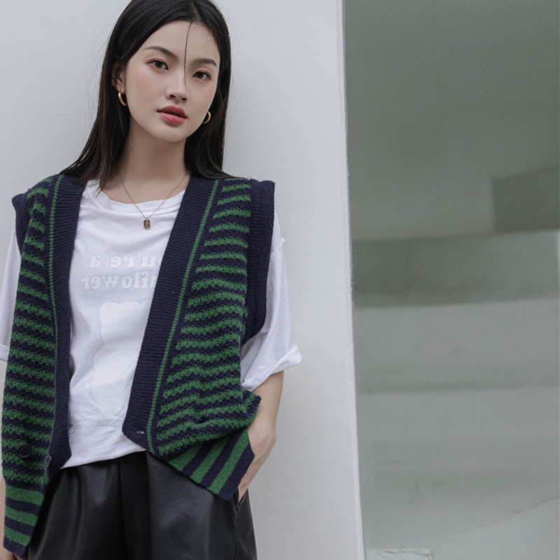Áo Len Không Tay Họa Tiết Sọc Ngang Thời Trang Cho Nữ