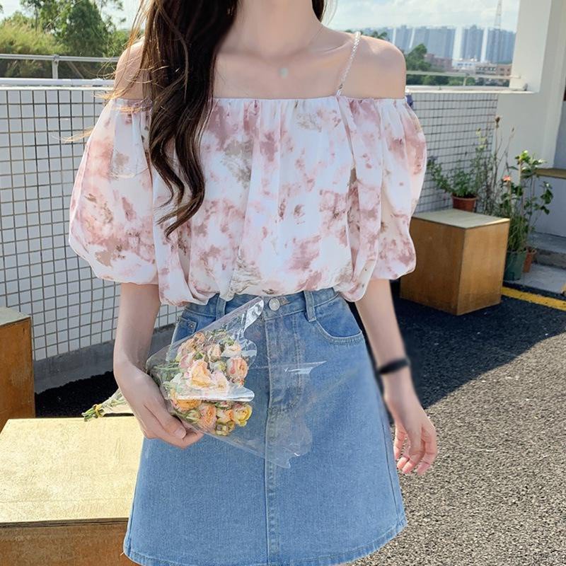 Áo Chiffon Tay Phồng Trễ Vai Màu Nhuộm Phong Cách Hàn Quốc Cho Nữ | BigBuy360 - bigbuy360.vn