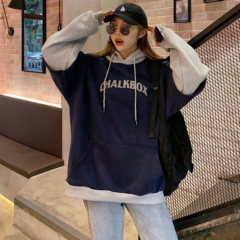 IELGY      Áo Hoodie Vải Lông Chắp Vá Dáng Rộng Phong Cách Hàn Quốc Cho Nữ