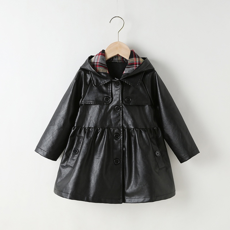Áo Khoác Da PU Tay Dài Có Nón Thời Trang Cho Bé Gái