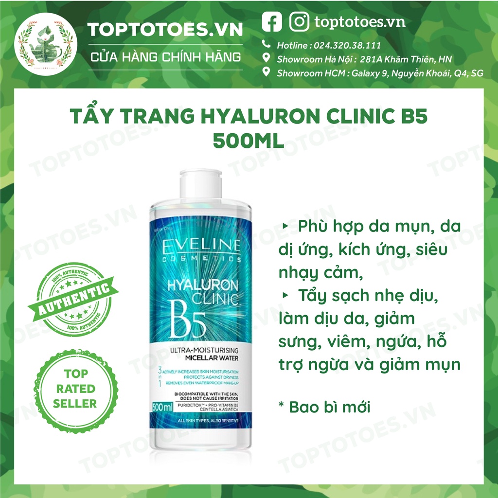 Nước tẩy trang Eveline Hyaluron Clinic B5 Puridetox tẩy sạch nhẹ dịu